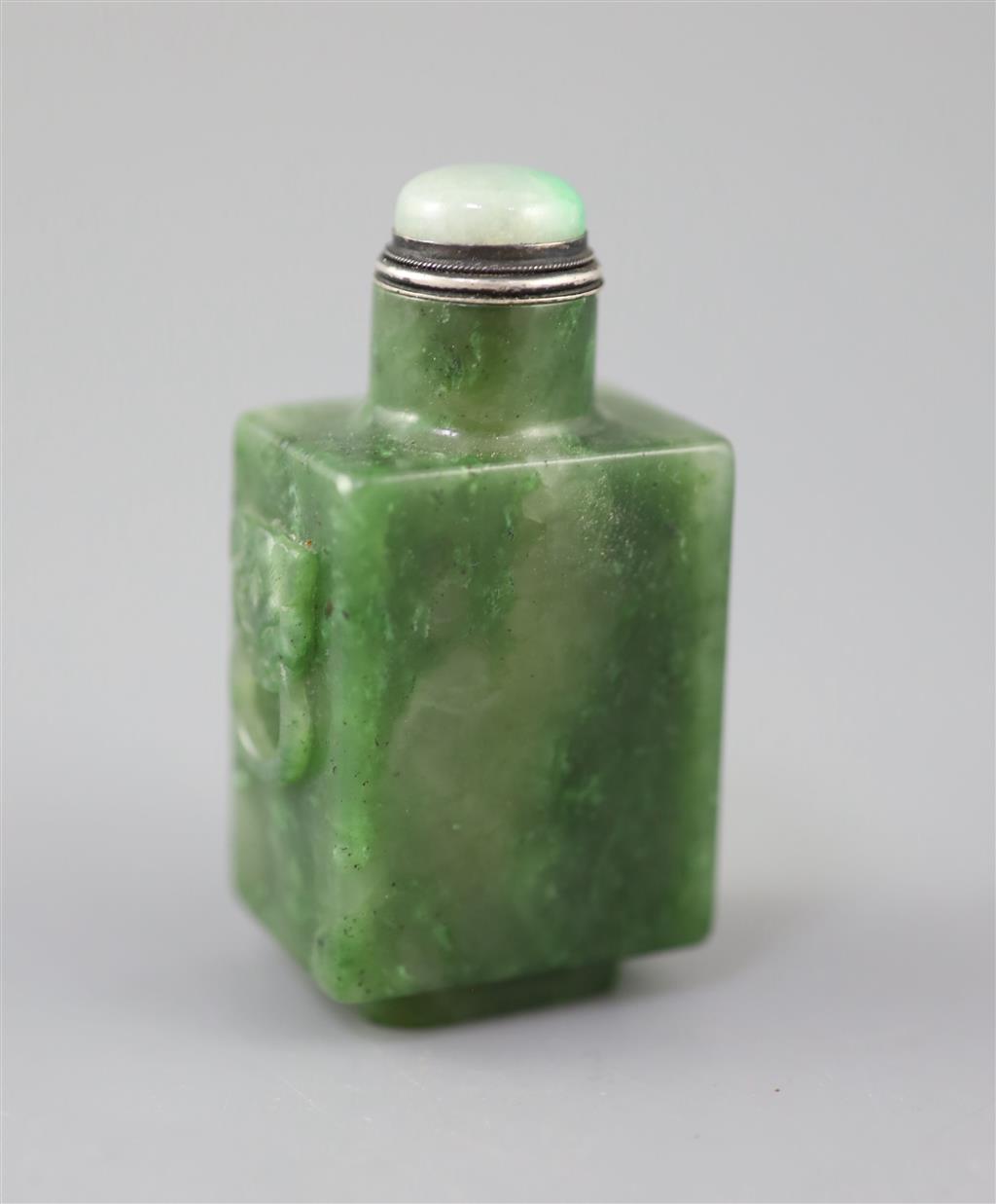 A good Chinese spinach green jade rectangular snuff bottle, 18th/19th century, total height 6.8cm
